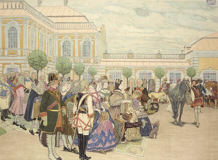 Illustration of a public gathering in 19th-century Russia