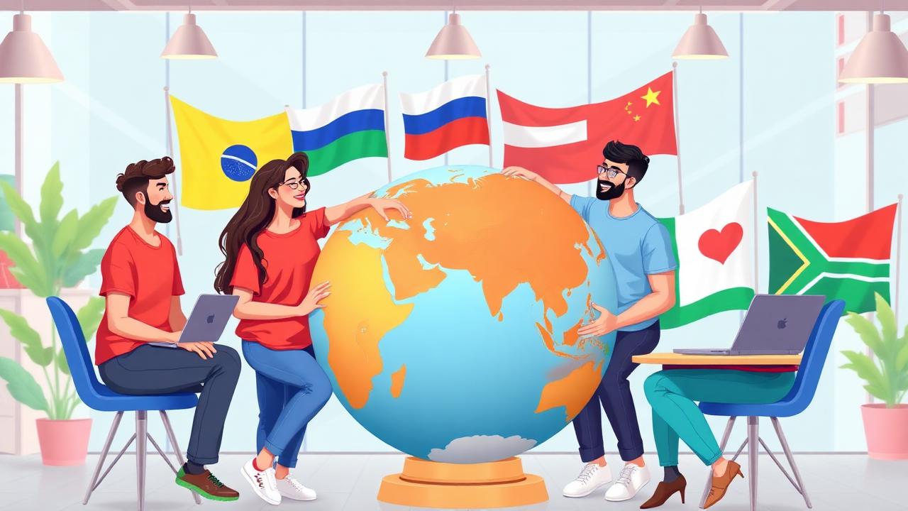 Young people from BRICS countries collaborating around a globe