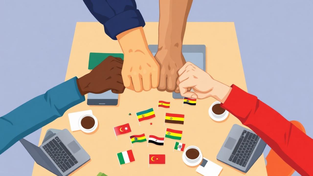 Diverse hands doing a fist bump over a table with BRICS flags