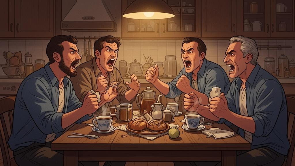 Russians passionately debating geopolitics in a kitchen