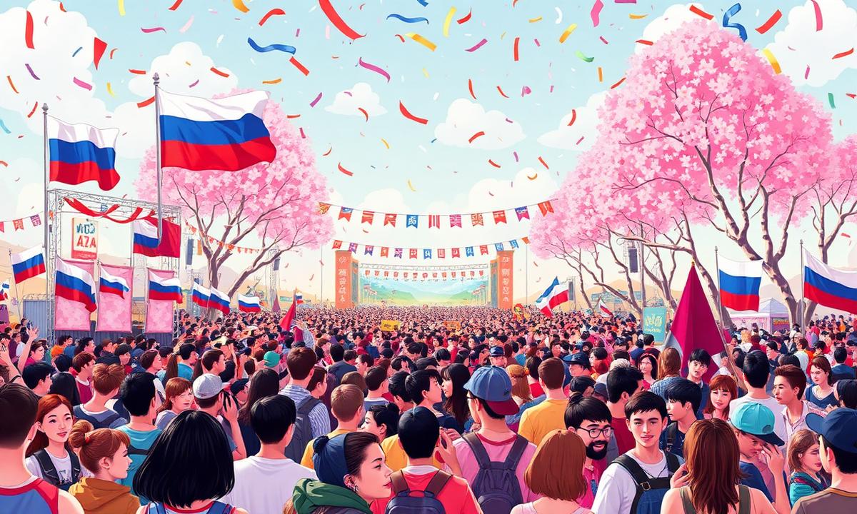Festival internacional de juventude com participantes asiáticos e russos